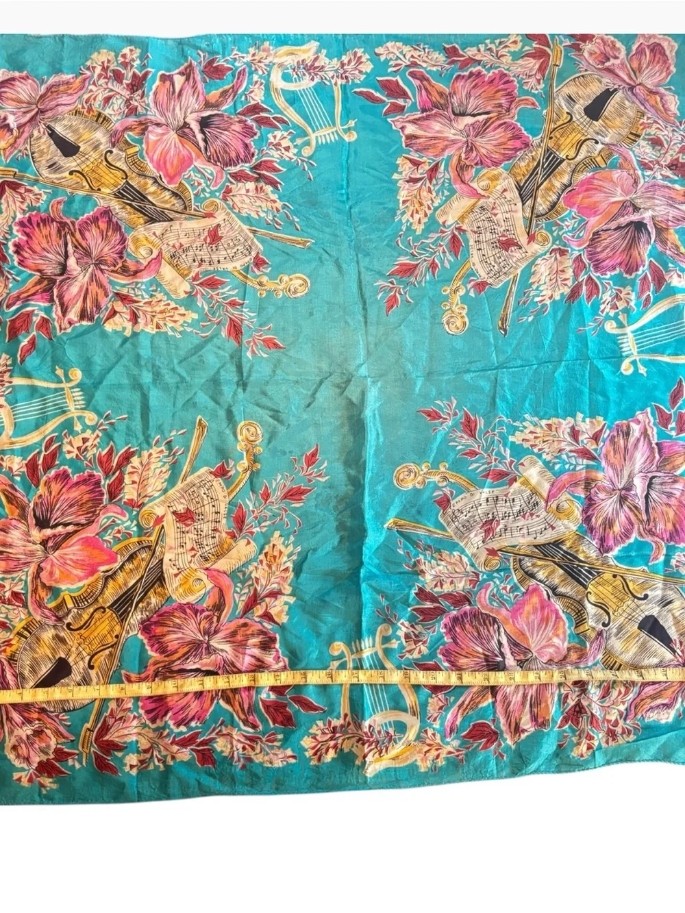 Vintage 50s 100% Silk Large Square Scarf Violin Harp Sheet Music Teal Blue 33x32